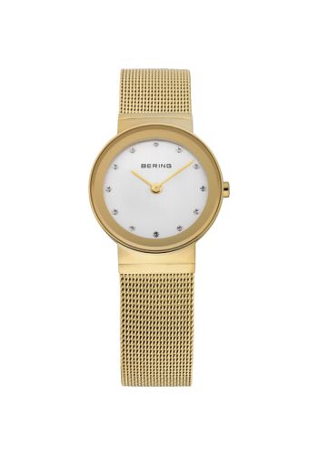 Bering Ladies gold watch w/mesh bracelet and silver dial with crystals