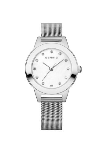 Bering Ladies silver watch w/mesh bracelet and white dial with crystals