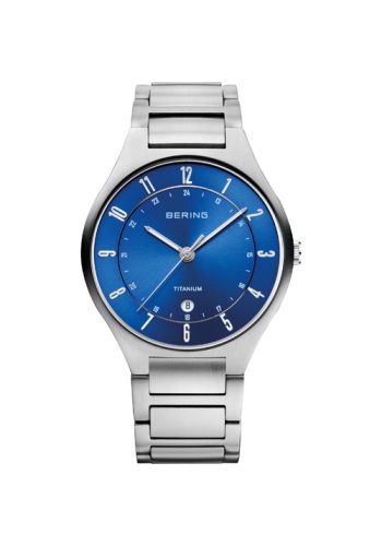 Bering Men silver watch w/titanium links and blue dial