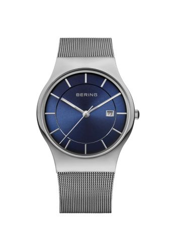Bering Men silver watch w/mesh bracelet and blue dial
