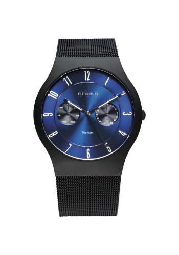 Bering Men black watch w/mesh titanium and blue multi-function dial