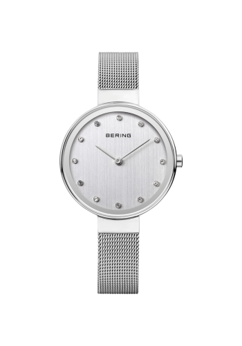 Bering Ladies silver watch w/mesh bracelet and a silver dial with crystals