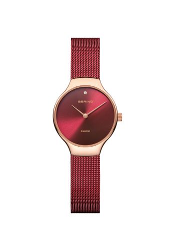 Bering Ladies red watch w/mesh bracelet and a red sunray dial
